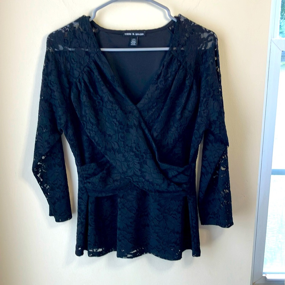 Cable & Gauge black lace wrap, front top
